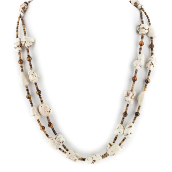 Certified Authentic 2 Strand Navajo .925 Sterling Silver White Howlite Tigers Eye Native American Necklace 17047-3
