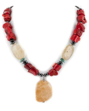 Certified Authentic Navajo .925 Sterling Silver Natural Turquoise Coral Hematite Smoky Quartz Agate Native American Necklace 17048