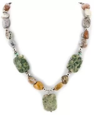 Certified Authentic Navajo .925 Sterling Silver Natural Turquoise Green Jasper Agate Native American Necklace 15422-67