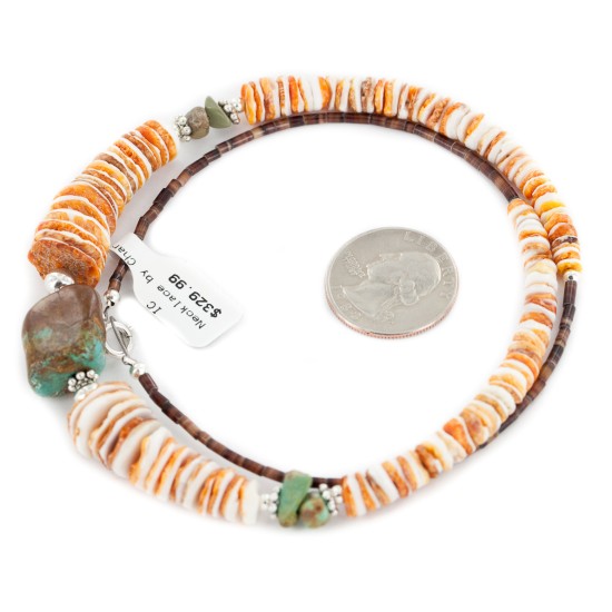 Certified Authentic Navajo .925 Sterling Silver Natural Turquoise Graduated Spiny Oyster Native American Necklace 17059