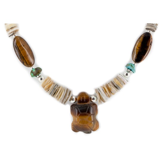 Turtle Certified Authentic Navajo .925 Sterling Silver Natural Turquoise Graduated Melon Shell Tigers Eye Native American Necklace 790108 Turtle Certified Authentic Navajo .925 Sterling Silver Natural Turquoise Graduated Melon Shell Tigers Eye Native American Necklace 790108