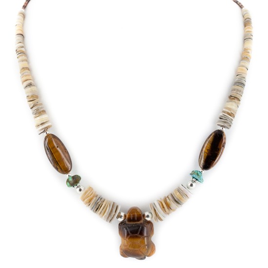 Turtle Certified Authentic Navajo .925 Sterling Silver Natural Turquoise Graduated Melon Shell Tigers Eye Native American Necklace 790108 Turtle Certified Authentic Navajo .925 Sterling Silver Natural Turquoise Graduated Melon Shell Tigers Eye Native American Necklace 790108