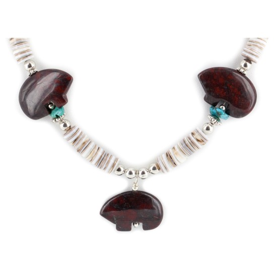 Bear Certified Authentic Navajo .925 Sterling Silver Natural Turquoise Red Jasper Graduated Heishi Native American Necklace 25319 Clearance 25319 25319 (by LomaSiiva)
