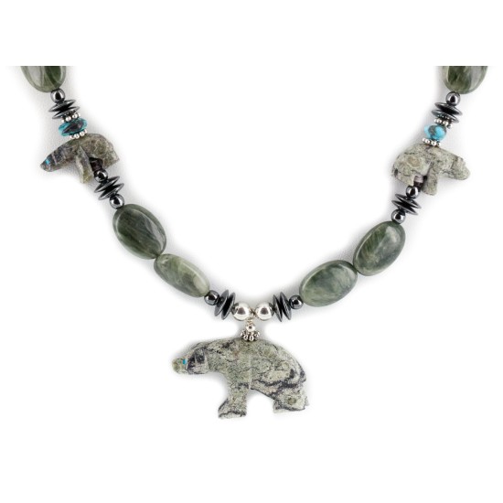 Bear Certified Authentic Navajo .925 Sterling Silver Natural Turquoise Green Jasper Hematite Agate Native American Necklace 17045 Bear Certified Authentic Navajo .925 Sterling Silver Natural Turquoise Green Jasper Hematite Agate Native American Necklace 17045
