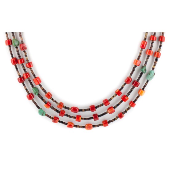 3 Strand Certified Authentic Navajo .925 Sterling Silver Natural Turquoise Coral Native American Necklace 18133-3 3 Strand Certified Authentic Navajo .925 Sterling Silver Natural Turquoise Coral Native American Necklace 18133-3