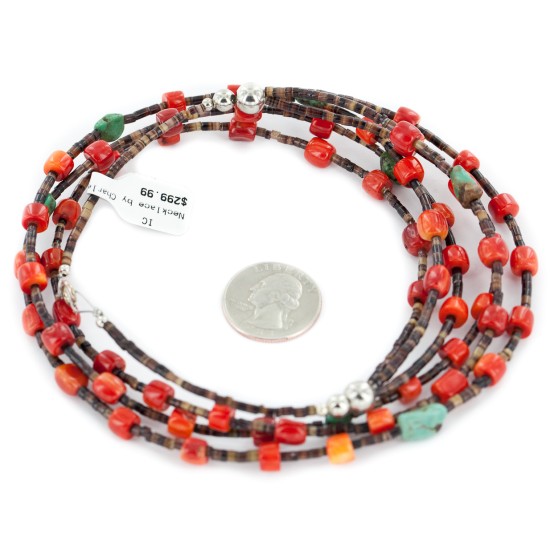 3 Strand Certified Authentic Navajo .925 Sterling Silver Natural Turquoise Coral Native American Necklace 18133-3 3 Strand Certified Authentic Navajo .925 Sterling Silver Natural Turquoise Coral Native American Necklace 18133-3