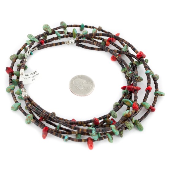 3 Strand Certified Authentic Navajo .925 Sterling Silver Natural Turquoise Coral Heishi Native American Necklace 18108-20 3 Strand Certified Authentic Navajo .925 Sterling Silver Natural Turquoise Coral Heishi Native American Necklace 18108-20