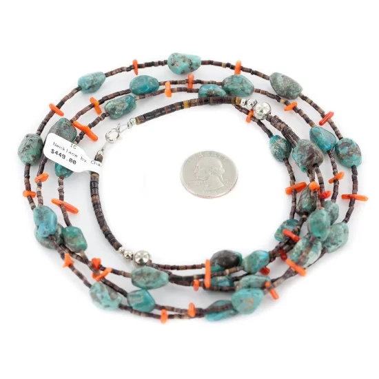 3 Strand Certified Authentic Navajo .925 Sterling Silver Natural Turquoise Coral Heishi Native American Necklace 15297-18 3 Strand Certified Authentic Navajo .925 Sterling Silver Natural Turquoise Coral Heishi Native American Necklace 15297-18