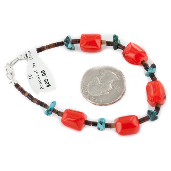 Certified Authentic Navajo .925 Sterling Silver Natural Turquoise Coral Native American Bracelet 12977-2 Certified Authentic Navajo .925 Sterling Silver Natural Turquoise Coral Native American Bracelet 12977-2