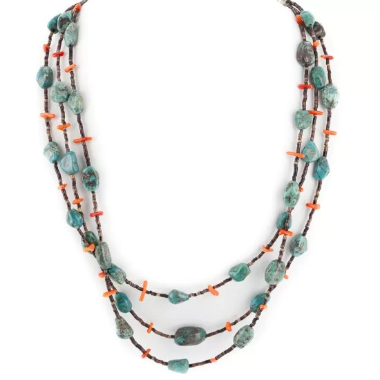 3 Strand Certified Authentic Navajo .925 Sterling Silver Natural Turquoise Coral Heishi Native American Necklace 15297-18 3 Strand Certified Authentic Navajo .925 Sterling Silver Natural Turquoise Coral Heishi Native American Necklace 15297-18