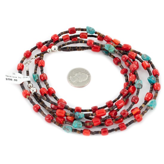 3 Strand Certified Authentic Navajo .925 Sterling Silver Natural Turquoise Coral Native American Necklace 18133-2 3 Strand Certified Authentic Navajo .925 Sterling Silver Natural Turquoise Coral Native American Necklace 18133-2