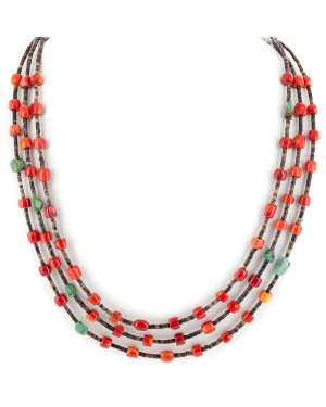 3 Strand Certified Authentic Navajo .925 Sterling Silver Natural Turquoise Coral Native American Necklace 18133-3