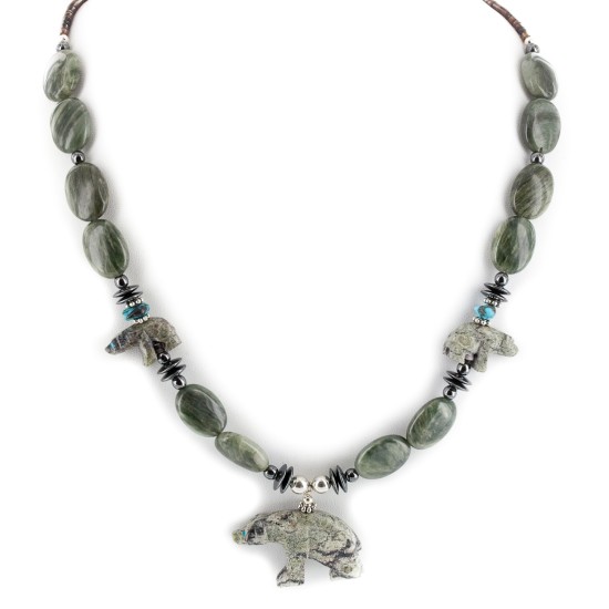 Bear Certified Authentic Navajo .925 Sterling Silver Natural Turquoise Green Jasper Hematite Agate Native American Necklace 17045 Bear Certified Authentic Navajo .925 Sterling Silver Natural Turquoise Green Jasper Hematite Agate Native American Necklace 17045