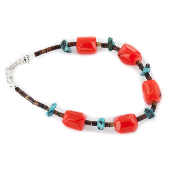 Certified Authentic Navajo .925 Sterling Silver Natural Turquoise Coral Native American Bracelet 12977-2 Certified Authentic Navajo .925 Sterling Silver Natural Turquoise Coral Native American Bracelet 12977-2