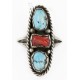 .925 Sterling Silver Handmade Certified Authentic Navajo Natural Turquoise and Coral Native American Ring  16862