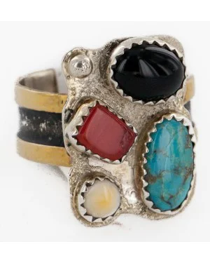 12kt Gold Filled 925 Sterling Silver Handmade Certified Authentic Navajo Natural Multicolor Stones Native American Ring 12690-2 12kt Gold Filled 925 Sterling Silver Handmade Certified Authentic Navajo Natural Multicolor Stones Native American Ring 12690-2