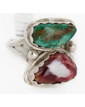 .925 Sterling Silver Handmade Certified Authentic Navajo Natural Turquoise and Spiny Oyster Native American Ring 16982-1 .925 Sterling Silver Handmade Certified Authentic Navajo Natural Turquoise and Spiny Oyster Native American Ring 16982-1