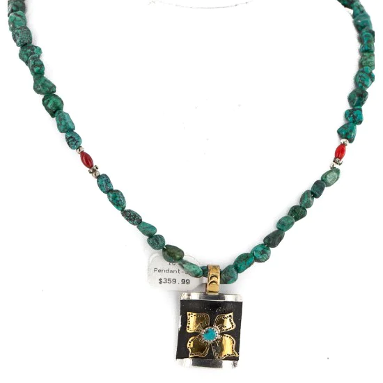 Certified Authentic 12kt Gold Filled and .925 Sterling Silver Handmade Flower Natural Turquoise Coral Native American Necklace 24300-15851-10 Certified Authentic 12kt Gold Filled and .925 Sterling Silver Handmade Flower Natural Turquoise Coral Native American Necklace 24300-15851-10