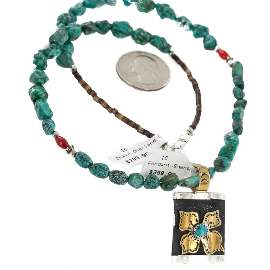 Certified Authentic 12kt Gold Filled and .925 Sterling Silver Handmade Flower Natural Turquoise Coral Native American Necklace 24300-15851-10 Certified Authentic 12kt Gold Filled and .925 Sterling Silver Handmade Flower Natural Turquoise Coral Native American Necklace 24300-15851-10