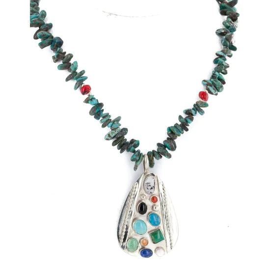 Certified Authentic .925 Sterling Silver Handmade Natural Turquoise Multicolor Stones Coral Native American Necklace 24399-750184-1 Certified Authentic .925 Sterling Silver Handmade Natural Turquoise Multicolor Stones Coral Native American Necklace 24399-750184-1