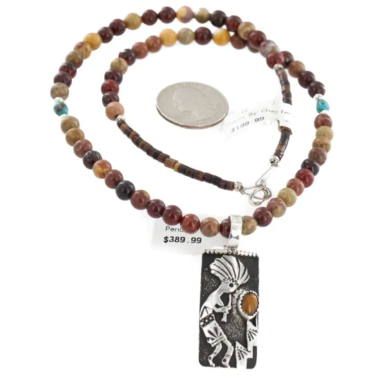 Certified Authentic .925 Sterling Silver Kokopelli Handmade Natural Turquoise Tigers Eye Agate Native American Necklace 24424-2-10217 Certified Authentic .925 Sterling Silver Kokopelli Handmade Natural Turquoise Tigers Eye Agate Native American Necklace 24424-2-10217