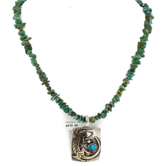 Certified Authentic 12kt Gold Filled and .925 Sterling Silver Handmade Gecko Natural Turquoise Native American Necklace 24422-6-16065-6