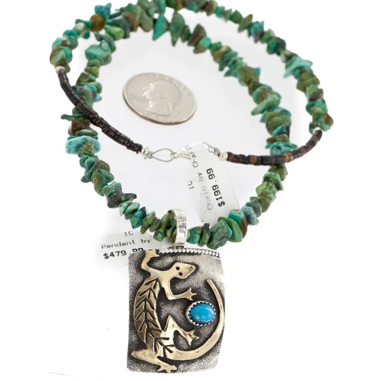 Certified Authentic 12kt Gold Filled and .925 Sterling Silver Handmade Gecko Natural Turquoise Native American Necklace 24422-6-16065-6