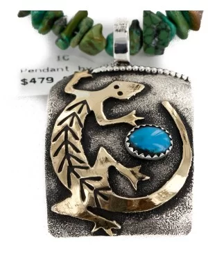 Certified Authentic 12kt Gold Filled and .925 Sterling Silver Handmade Gecko Natural Turquoise Native American Necklace 24422-6-16065-6 Certified Authentic 12kt Gold Filled and .925 Sterling Silver Handmade Gecko Natural Turquoise Native American Necklace 24422-6-16065-6