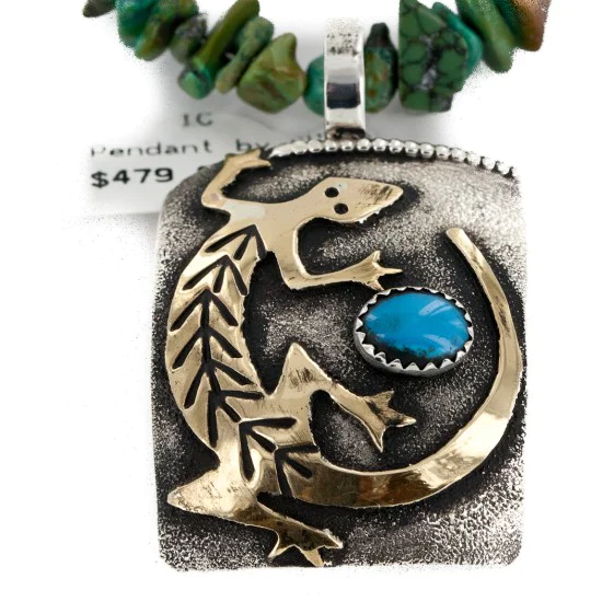 Certified Authentic 12kt Gold Filled and .925 Sterling Silver Handmade Gecko Natural Turquoise Native American Necklace 24422-6-16065-6