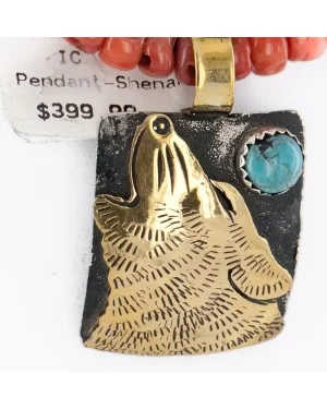 Certified Authentic 12kt Gold Filled and .925 Sterling Silver Handmade Wolf Natural Turquoise Coral Native American Necklace 24324-4-25276 Certified Authentic 12kt Gold Filled and .925 Sterling Silver Handmade Wolf Natural Turquoise Coral Native American Necklace 24324-4-25276