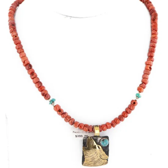 Certified Authentic 12kt Gold Filled and .925 Sterling Silver Handmade Wolf Natural Turquoise Coral Native American Necklace 24324-4-25276 Certified Authentic 12kt Gold Filled and .925 Sterling Silver Handmade Wolf Natural Turquoise Coral Native American Necklace 24324-4-25276