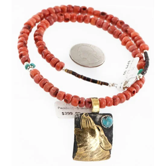 Certified Authentic 12kt Gold Filled and .925 Sterling Silver Handmade Wolf Natural Turquoise Coral Native American Necklace 24324-4-25276 Certified Authentic 12kt Gold Filled and .925 Sterling Silver Handmade Wolf Natural Turquoise Coral Native American Necklace 24324-4-25276