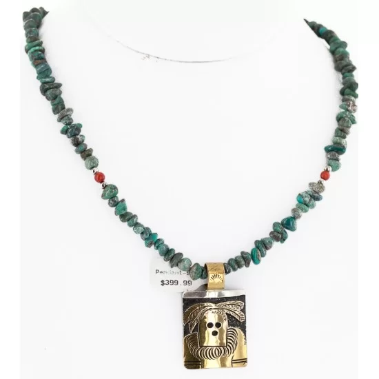 Certified Authentic 12kt Gold Filled and .925 Sterling Silver Kachina Handmade Natural Turquoise Coral Native American Necklace 24302-15771-22 Certified Authentic 12kt Gold Filled and .925 Sterling Silver Kachina Handmade Natural Turquoise Coral Native American Necklace 24302-15771-22