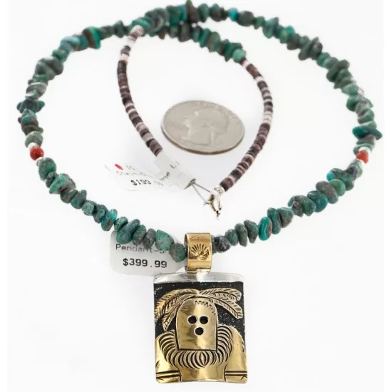 Certified Authentic 12kt Gold Filled and .925 Sterling Silver Kachina Handmade Natural Turquoise Coral Native American Necklace 24302-15771-22 Certified Authentic 12kt Gold Filled and .925 Sterling Silver Kachina Handmade Natural Turquoise Coral Native American Necklace 24302-15771-22
