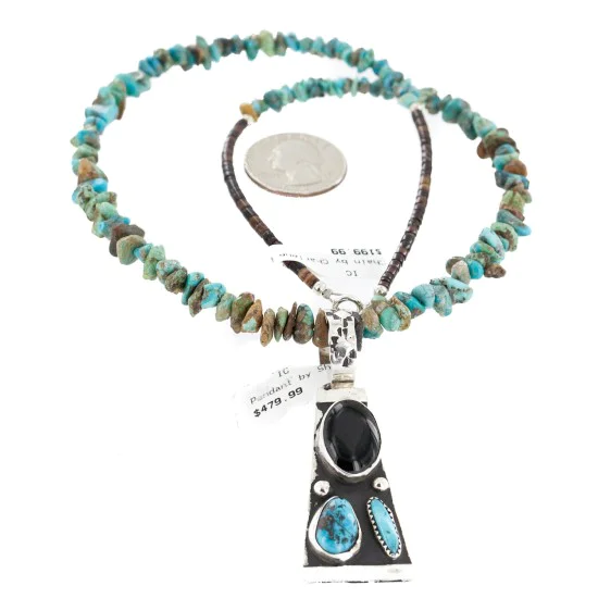 Certified Authentic .925 Sterling Silver Handmade Natural Turquoise Black Onyx Native American Necklace 24422-4-16070