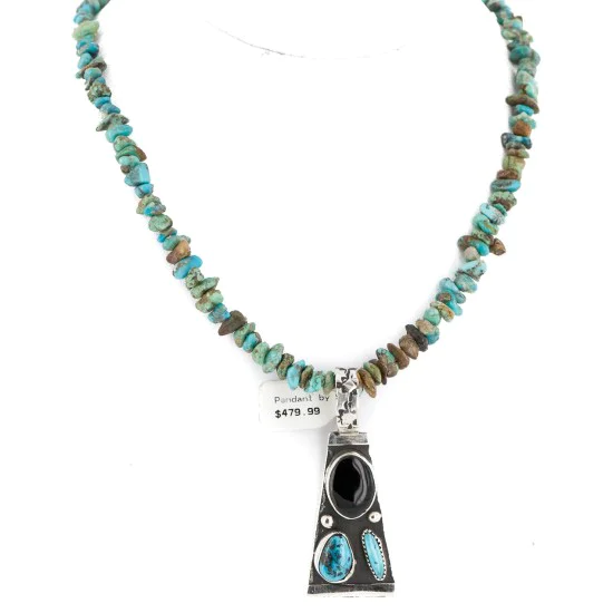Certified Authentic .925 Sterling Silver Handmade Natural Turquoise Black Onyx Native American Necklace 24422-4-16070