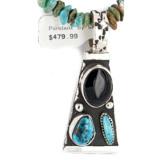 Certified Authentic .925 Sterling Silver Handmade Natural Turquoise Black Onyx Native American Necklace 24422-4-16070