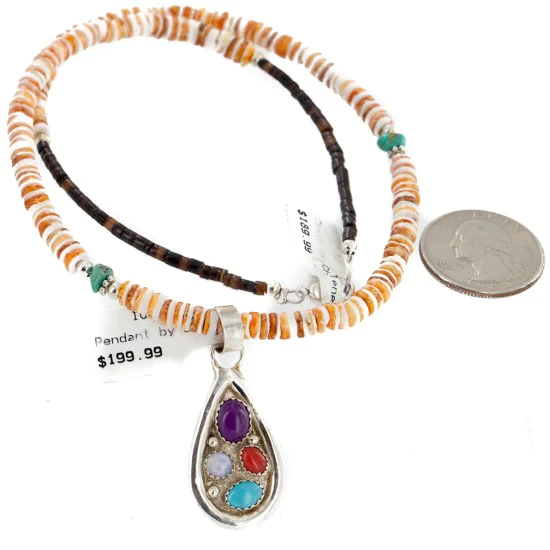 Certified Authentic .925 Sterling Silver Handmade Natural Turquoise Multicolor Stones Spiny Oyster Native American Necklace 24401-25277 Certified Authentic .925 Sterling Silver Handmade Natural Turquoise Multicolor Stones Spiny Oyster Native American Necklace 24401-25277
