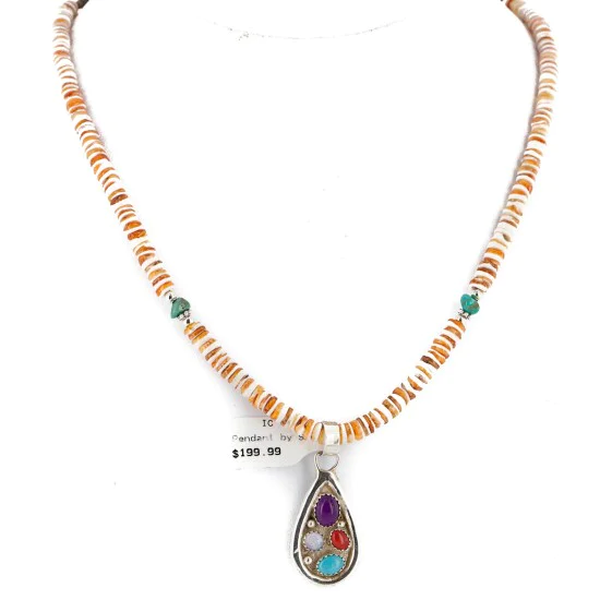 Certified Authentic .925 Sterling Silver Handmade Natural Turquoise Multicolor Stones Spiny Oyster Native American Necklace 24401-25277 Certified Authentic .925 Sterling Silver Handmade Natural Turquoise Multicolor Stones Spiny Oyster Native American Necklace 24401-25277
