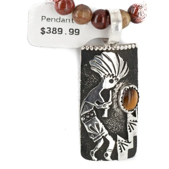 Certified Authentic .925 Sterling Silver Kokopelli Handmade Natural Turquoise Tigers Eye Agate Native American Necklace 24424-2-10217 Certified Authentic .925 Sterling Silver Kokopelli Handmade Natural Turquoise Tigers Eye Agate Native American Necklace 24424-2-10217
