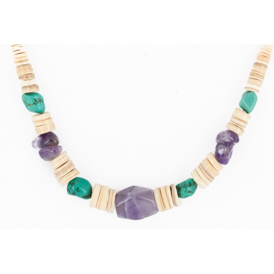 Certified Authentic Navajo .925 Sterling Silver Natural Graduated Melon Shell Turquoise Amethyst Native American Necklace 16078 Certified Authentic Navajo .925 Sterling Silver Natural Graduated Melon Shell Turquoise Amethyst Native American Necklace 16078