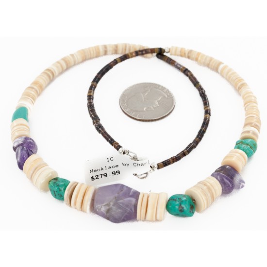 Certified Authentic Navajo .925 Sterling Silver Natural Graduated Melon Shell Turquoise Amethyst Native American Necklace 16078 Certified Authentic Navajo .925 Sterling Silver Natural Graduated Melon Shell Turquoise Amethyst Native American Necklace 16078