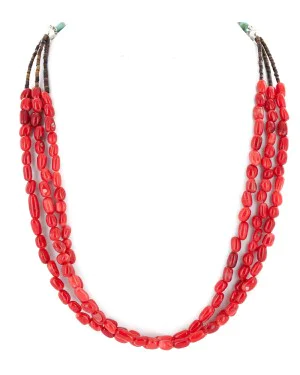 Certified Authentic 3 Strand Navajo .925 Sterling Silver Natural Turquoise and Coral Native American Necklace 16081-1