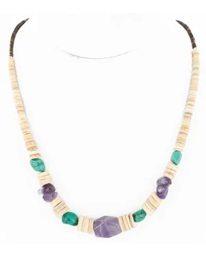 Certified Authentic Navajo .925 Sterling Silver Natural Graduated Melon Shell Turquoise Amethyst Native American Necklace 16078 Certified Authentic Navajo .925 Sterling Silver Natural Graduated Melon Shell Turquoise Amethyst Native American Necklace 16078