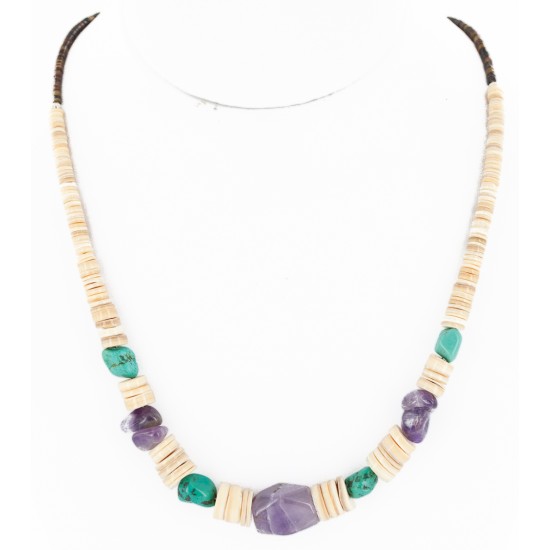 Certified Authentic Navajo .925 Sterling Silver Natural Graduated Melon Shell Turquoise Amethyst Native American Necklace 16078 Certified Authentic Navajo .925 Sterling Silver Natural Graduated Melon Shell Turquoise Amethyst Native American Necklace 16078