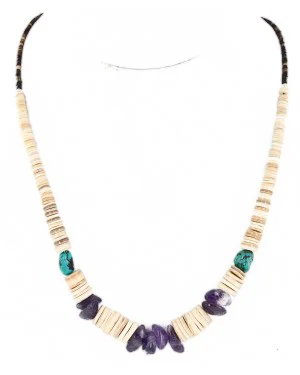 Certified Authentic Navajo .925 Sterling Silver Natural Graduated Melon Shell Turquoise Amethyst Native American Necklace 16080-1 Certified Authentic Navajo .925 Sterling Silver Natural Graduated Melon Shell Turquoise Amethyst Native American Necklace 16080-1