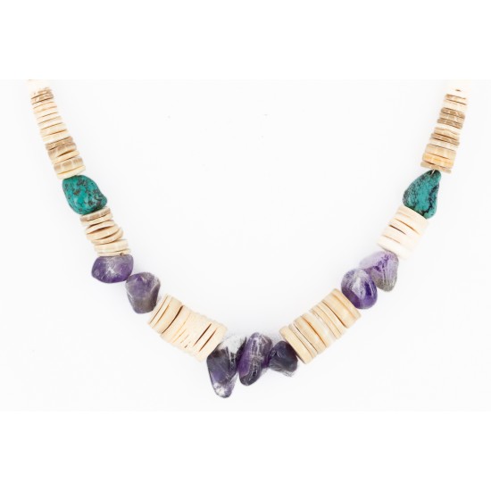 Certified Authentic Navajo .925 Sterling Silver Natural Graduated Melon Shell Turquoise Amethyst Native American Necklace 16080-2 Certified Authentic Navajo .925 Sterling Silver Natural Graduated Melon Shell Turquoise Amethyst Native American Necklace 16080-2