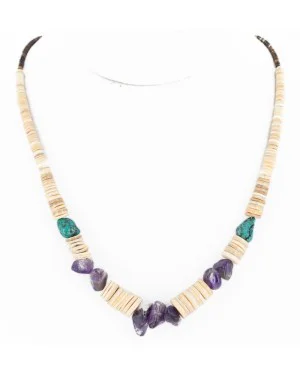Certified Authentic Navajo .925 Sterling Silver Natural Graduated Melon Shell Turquoise Amethyst Native American Necklace 16080-2 Certified Authentic Navajo .925 Sterling Silver Natural Graduated Melon Shell Turquoise Amethyst Native American Necklace 16080-2