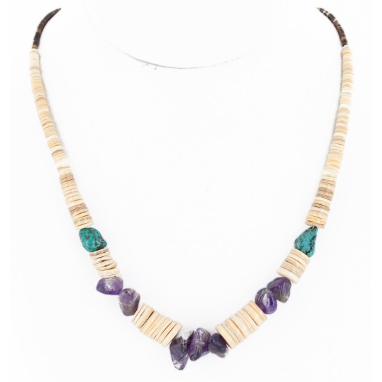 Certified Authentic Navajo .925 Sterling Silver Natural Graduated Melon Shell Turquoise Amethyst Native American Necklace 16080-2 Certified Authentic Navajo .925 Sterling Silver Natural Graduated Melon Shell Turquoise Amethyst Native American Necklace 16080-2