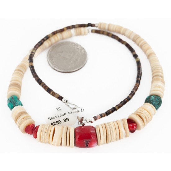 Certified Authentic Navajo .925 Sterling Silver Natural Graduated Melon Shell Turquoise Coral Native American Necklace 16080-3 Certified Authentic Navajo .925 Sterling Silver Natural Graduated Melon Shell Turquoise Coral Native American Necklace 16080-3